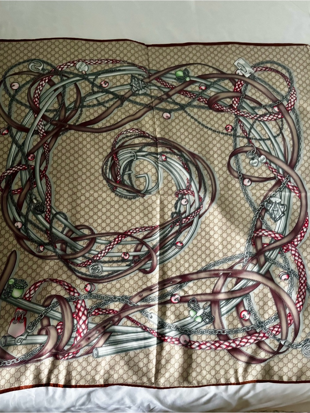 Gucci Beige Chain & Rope Silk Scarf with Burgundy Accents
